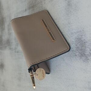 ALDO Beige Card Holder Wallet Key Chain Fx Leather W Clip & Logo Charm